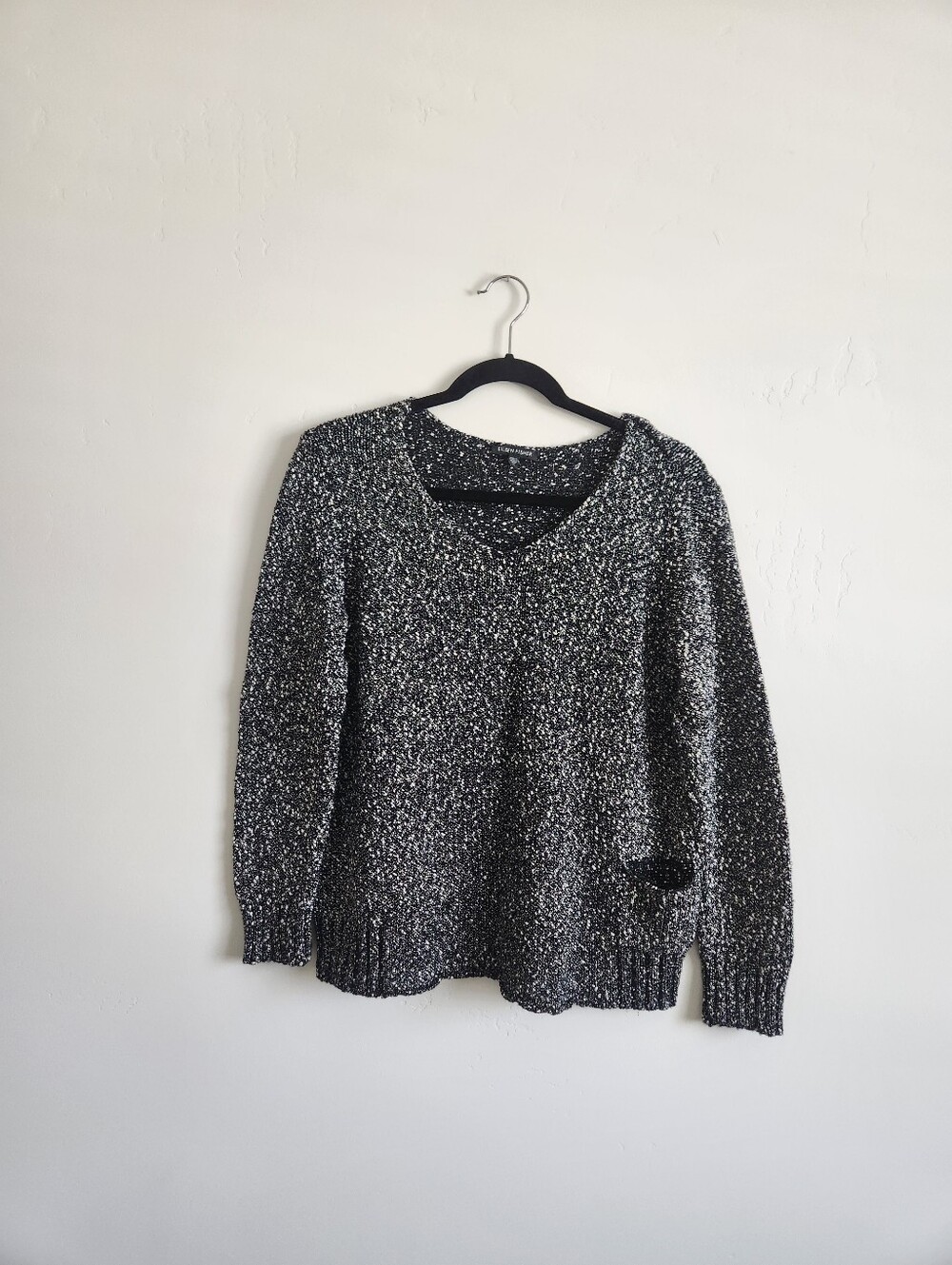 Eileen Fisher Marled Pocket Cotton V-Neck Sweater Size Medium